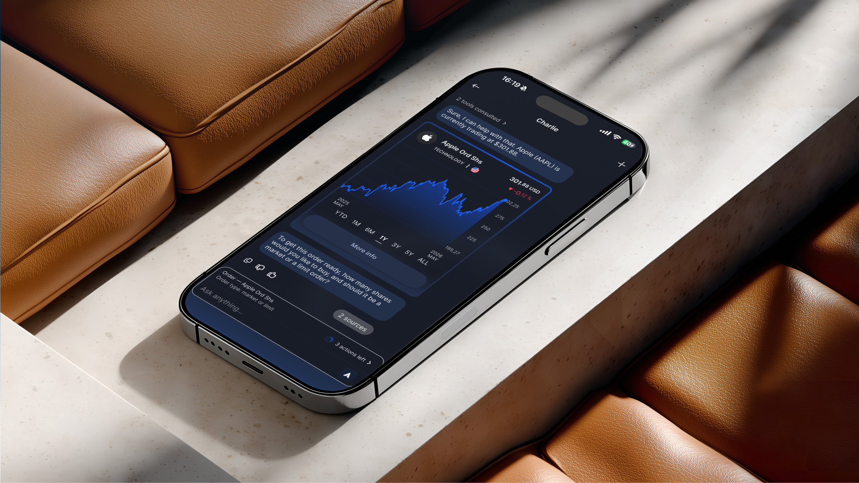 Charlie investment assistant shown in a phone mockup