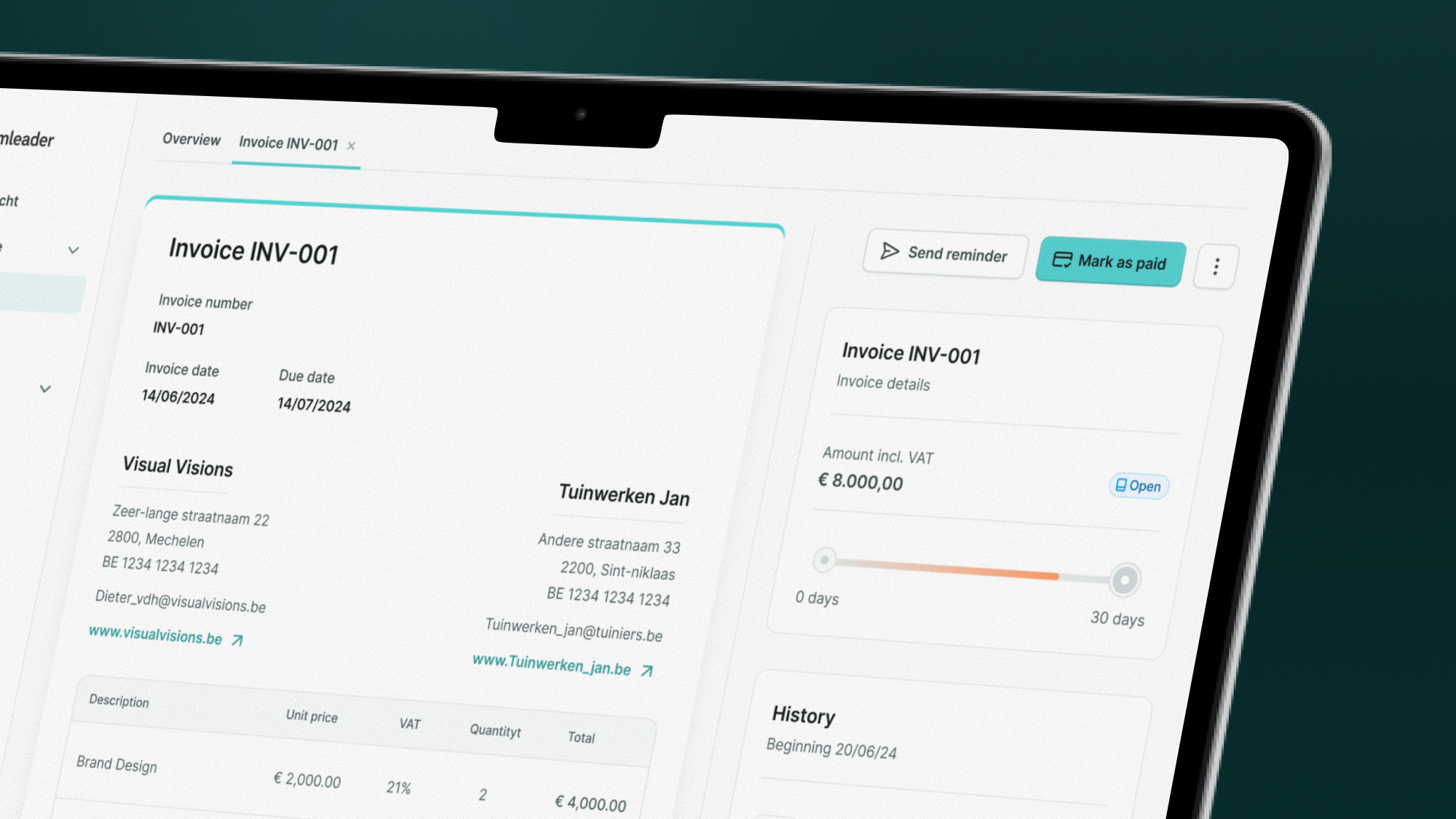 Teamleader ONE invoice detail with payment status and history
