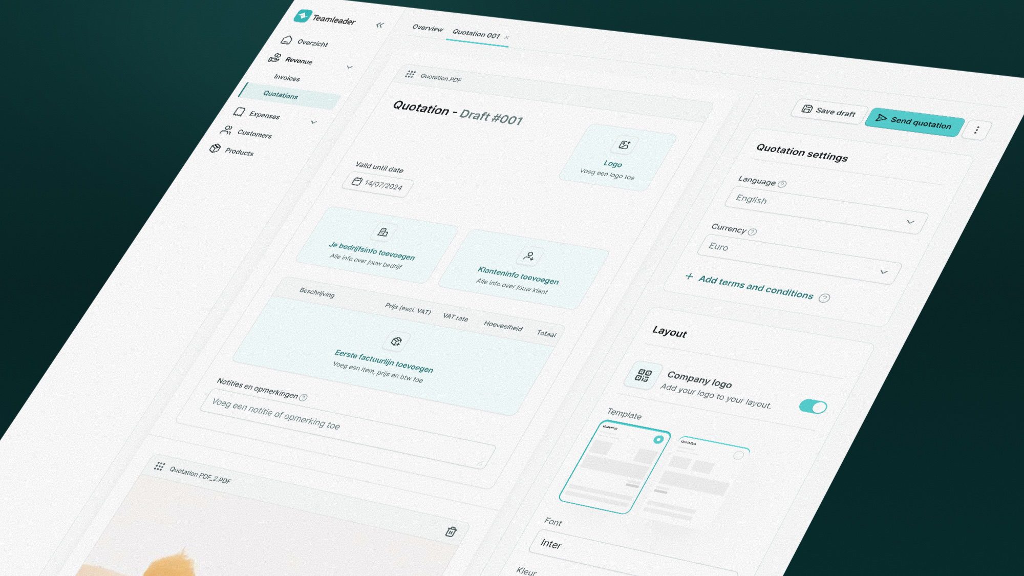 Teamleader ONE quotation builder with document settings