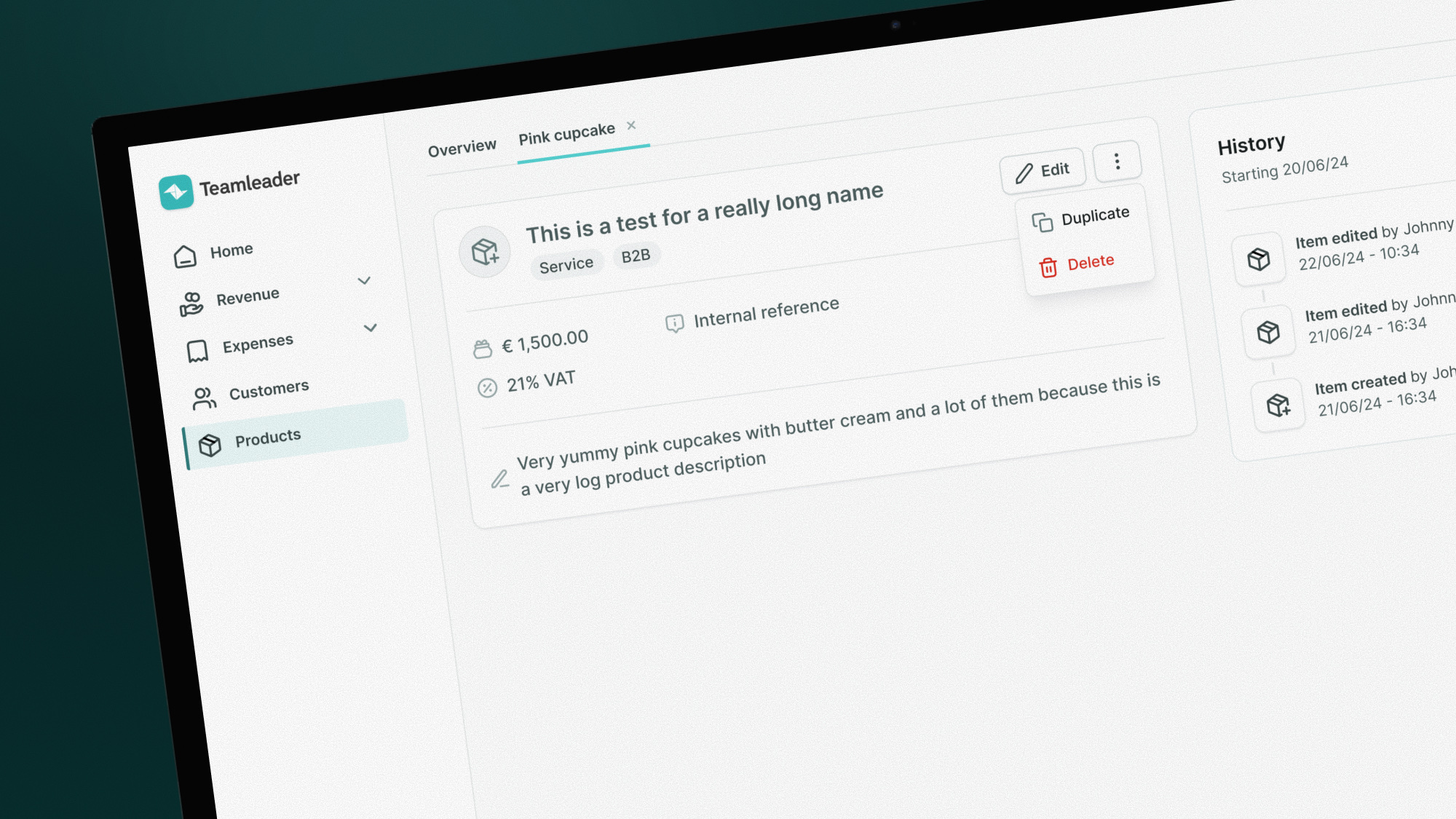 Teamleader ONE product detail with pricing, VAT and history